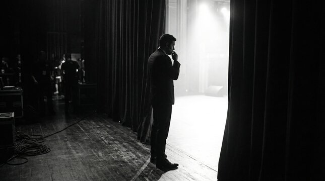 Man in suit stands backstage looking at bright stage. Nervous anticipation before performance or speech. Suitable for theater, corporate events, or motivational content.