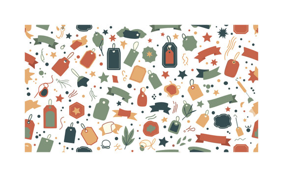 promo label design seamless pattern, repeating pattern, surface design, textile print, soft color palette, modern illustration, no shadows, flat lighting,