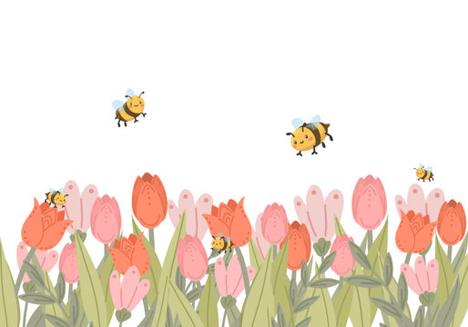 Spring garden border with pink tulips and cute honey bees. Floral horizontal background with flying insects for children's cards, Easter decorations and wedding invitations. Vector illustration.