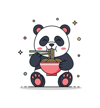 Panda eating noodles a cute little panda holding a bowl of noodles and happily slurping with a joyful expression. A cozy and playful scene capturing comfort