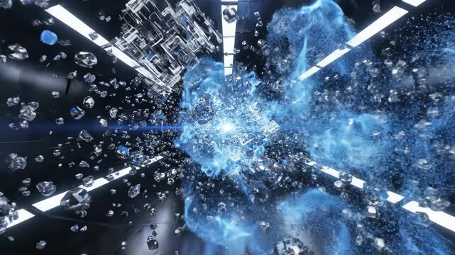 Futuristic Abstract Explosion of Digital Data Particles in a Cosmic Energy Tunnel