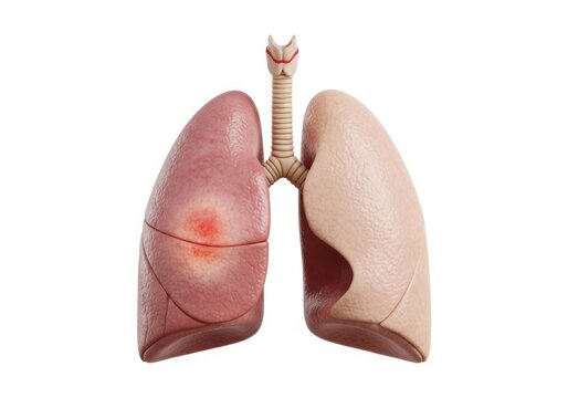 Anatomical 3d illustration of human lungs with a red inflamed area on the right lobe isolated on white background