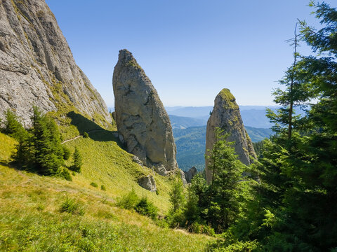 Miron's Haystacks rock formations (St&acirc;ncile Clăile lui Miron) towering over grassy mountain slopes with pine trees in the Ceahlău Massif, Romania.