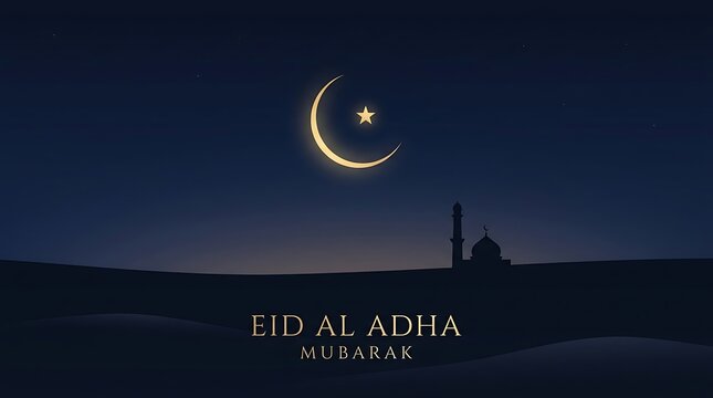 Eid al adha mubarak celebration night sky crescent moon mosque silhouette