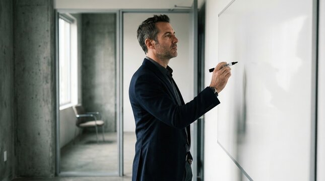 Businessman writing on a whiteboard in a modern office. Focused professional atmosphere. Great for corporate presentations, business education, or leadership training materials.