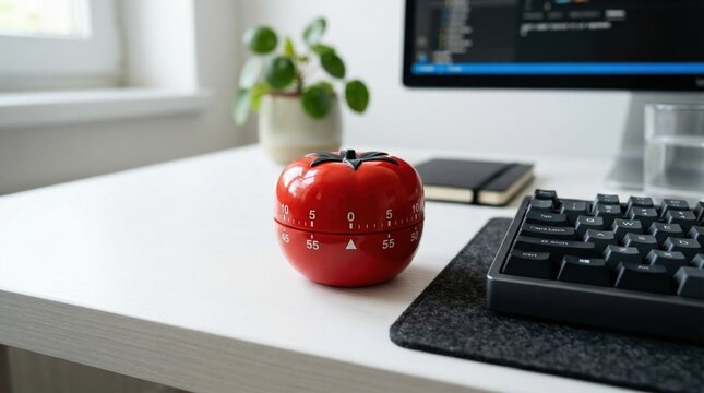 A red tomato shaped timer sits on a clean white desk next to a keyboard. It represents the Pomodoro technique for focused work and time management. Ideal for content about productivity or study.