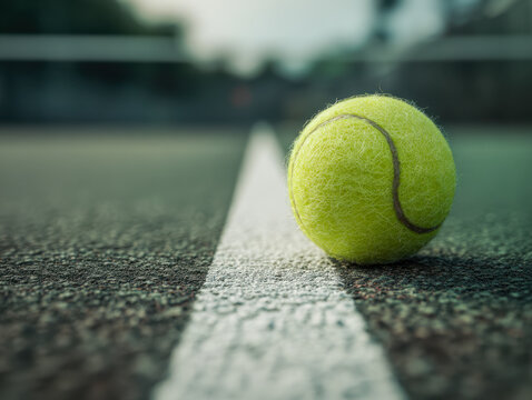 A bright yellow tennis ball resting on the white boundary line of an outdoor court with an out-of-focus background on a sunny day