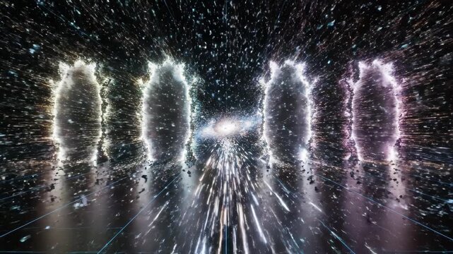 Interdimensional Portals Opening to a Distant Galaxy, Cosmic Energy Streams and Shattered Fragments Adorn the Futuristic Landscape.