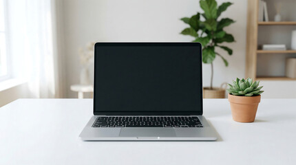 Fototapeta premium Modern laptop mockup with blank black screen on white desk. Minimalist home office workspace interior with green plant and natural sunlight.