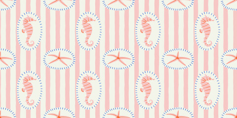 Vintage seahorse seamless pattern. Marine star fish background illustration in hand drawn style. Retro beach surface print design, summer vacation texture. © Dedraw Studio