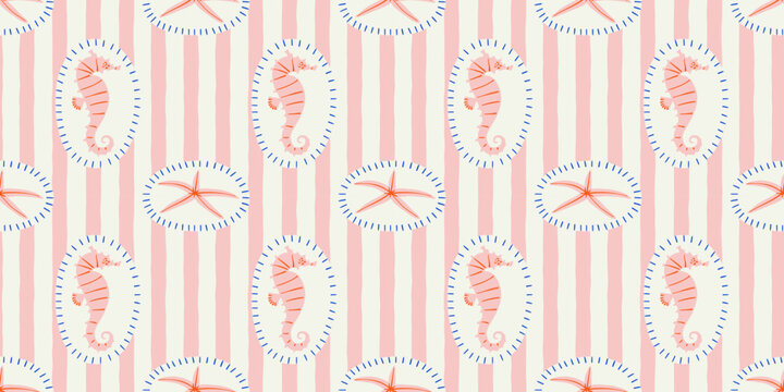 Vintage seahorse seamless pattern. Marine star fish background illustration in hand drawn style. Retro beach surface print design, summer vacation texture.