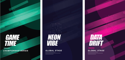 Neon abstract gaming posters set, futuristic data drift and game time banners, 3 vertical vector templates with glowing geometric speed lines © MK_360