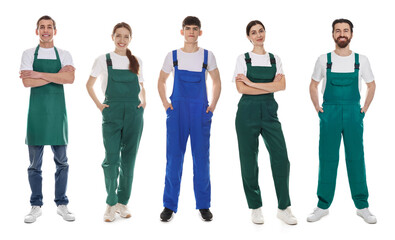 Obraz premium Cleaning service workers in uniforms. Portraits on white background