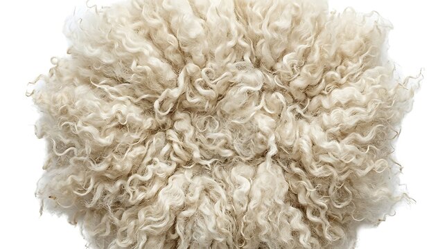 Close up of curly sheep wool texture against a bright white background