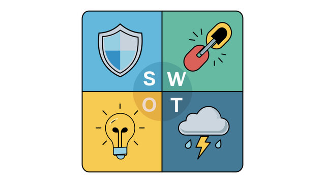 SWOT Analysis Vector Icon Illustration for Business Strategy Planning. Features Strengths Shield, Weaknesses Broken Chain, Opportunities Light Bulb, and Threats Storm Cloud in a Flat Design.