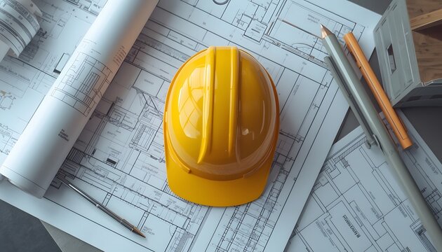 A yellow hard hat and construction tools lie on top of architectural blueprints and building plans.