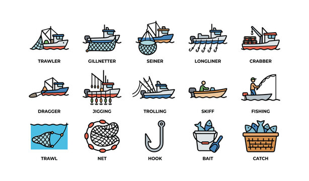 Various fishing boats and gear icons: trawler, seiner, longliner, crabber, hook, bait