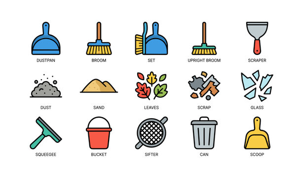 Colorful cleaning and maintenance tools illustration with dustpan broom scraper and more