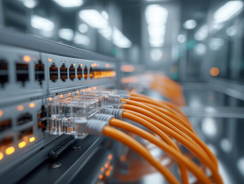 Network switch with multiple connected orange cables and illuminated indicator lights in a modern data center environment with a focused depth of field effect