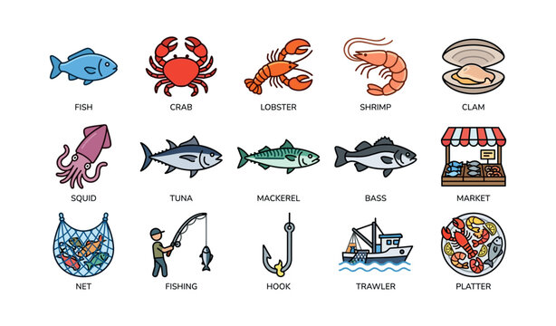 Seafood icons: fish, crab, lobster, shrimp, clam, squid, tuna, mackerel, bass