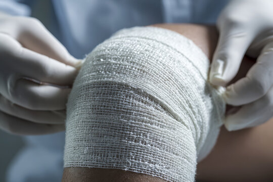 Medical professional carefully wrapping a sterile bandage around a swollen knee injury to provide support and promote healing during treatment