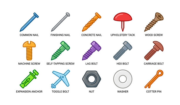 Various types of nails, screws, and fasteners in multiple colors