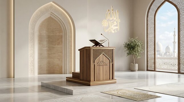 Elegant wooden minbar podium with decorative archway inside a bright hall