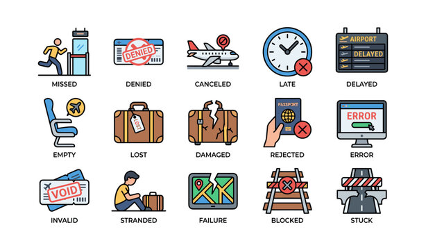 Travel setbacks icons: missed flights, denied entry, canceled plans, delays, lost luggage, errors