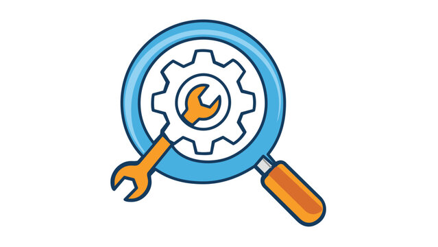 Flat vector icon illustration of a magnifying glass with a gear and wrench, representing client onboarding, technical support, maintenance, system optimization, and customer service solutions.