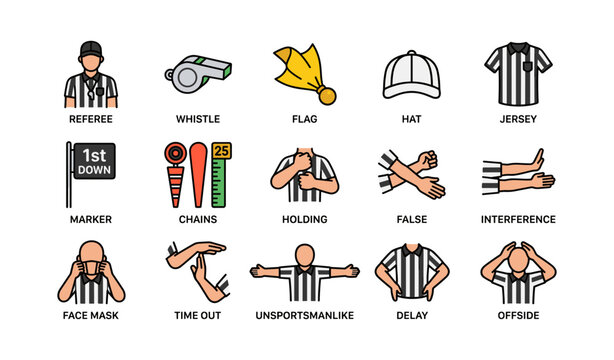 Illustrated symbols of football referee calls and equipment