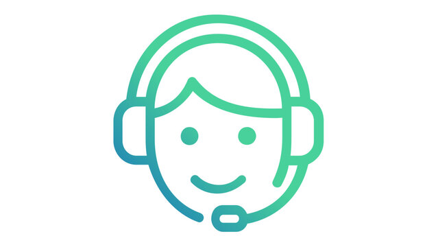 Vector icon illustration of a smiling customer service representative wearing a headset with a microphone. Minimalist flat design with a blue and green gradient for business support and help desk.