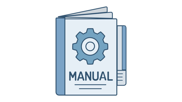 Technical User Manual Vector Icon Illustration Featuring a Book with a Gear Symbol and Instruction Text for Customer Support, Documentation, and Help Guide in a Flat Minimalist Style.