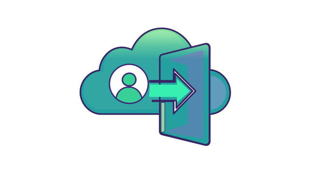 Vector illustration of a cloud computing icon with a user profile and an arrow pointing to an open door, representing login, logout, access, or customer service helpline operator concept.