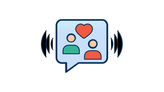 Help desk and customer service vector icon illustration featuring a speech bubble with two people and a heart symbol, representing empathetic communication, support, and relationship management.