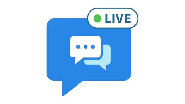 Professional live chat vector icon illustration with blue speech bubbles and a green live status indicator badge for customer support, real-time messaging, and online communication services.