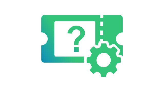 Vector icon illustration of a blue and green gradient support ticket with a question mark and gear cogwheel, representing customer service, technical assistance, and help desk management.