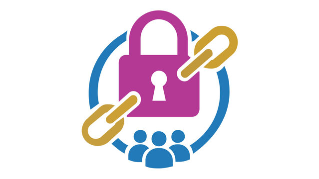 Service Level Agreement (SLA) vector icon illustration featuring a purple padlock, gold chain links, and blue user silhouettes, symbolizing secure business contracts and customer trust.