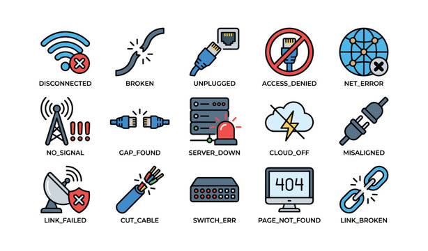 Network issue icons: disconnected, broken, unplugged, errors, misaligned signals