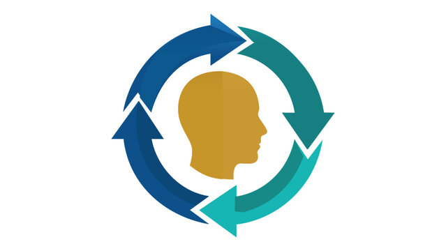 AI-generated vector icon illustration of a human head profile inside a circular arrow loop, representing service level agreement, customer support, business process, and mental cycle.
