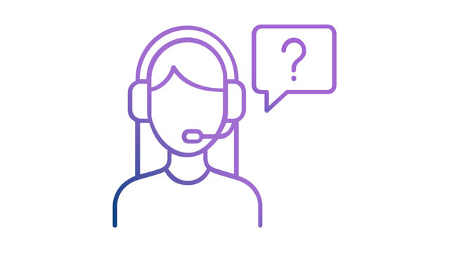 Scalable vector icon illustration of a professional female customer service representative wearing a headset with a question mark speech bubble, ideal for online help desk, support, and assistance.