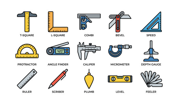 Handheld measuring tools: t-square, caliper, level, protractor, ruler, bevel, feeler