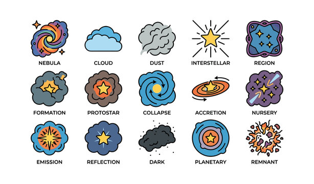 Colorful illustrations of cosmic phenomena and space elements