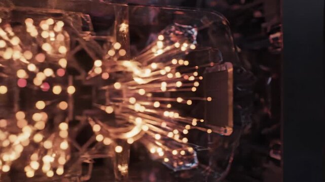 Intricate close-up of glowing optical fiber arrays, symbolizing advanced data transmission technology and digital networks.