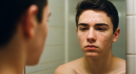 Fototapeta premium Concerned Teenage Boy with Acne Looking at Reflection in Bathroom Mirror