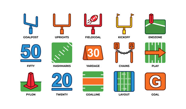 Football icon set featuring goalposts, field, and yardage markers