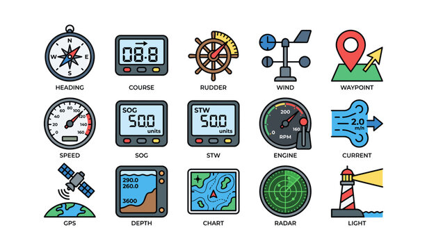 Nautical navigation icons: compass, gps, radar, speed, depth, waypoint, engine, wind, map symbols