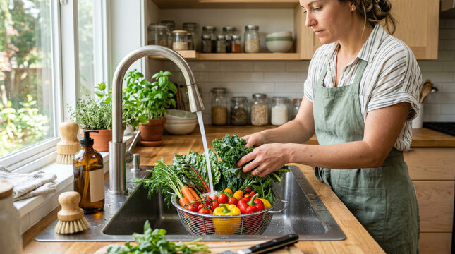 Washing fresh vegetables under running water, healthy, modern eco kitchen