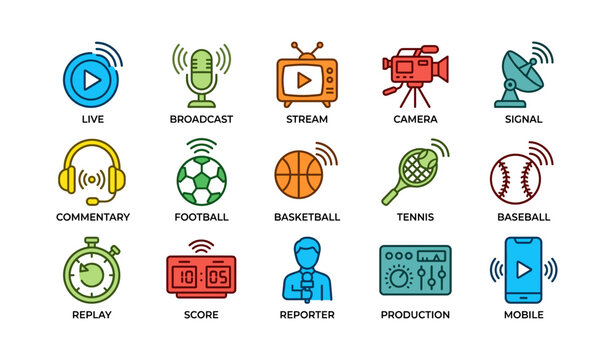 Colorful media and sports icons featuring broadcasting, sports, and digital tools