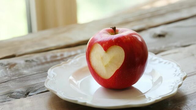 Red apple with heart-shaped bite on white plate