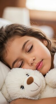 Linda menina brasileira dormindo tranquilamente abra&ccedil;ada com um urso de pel&uacute;cia branco